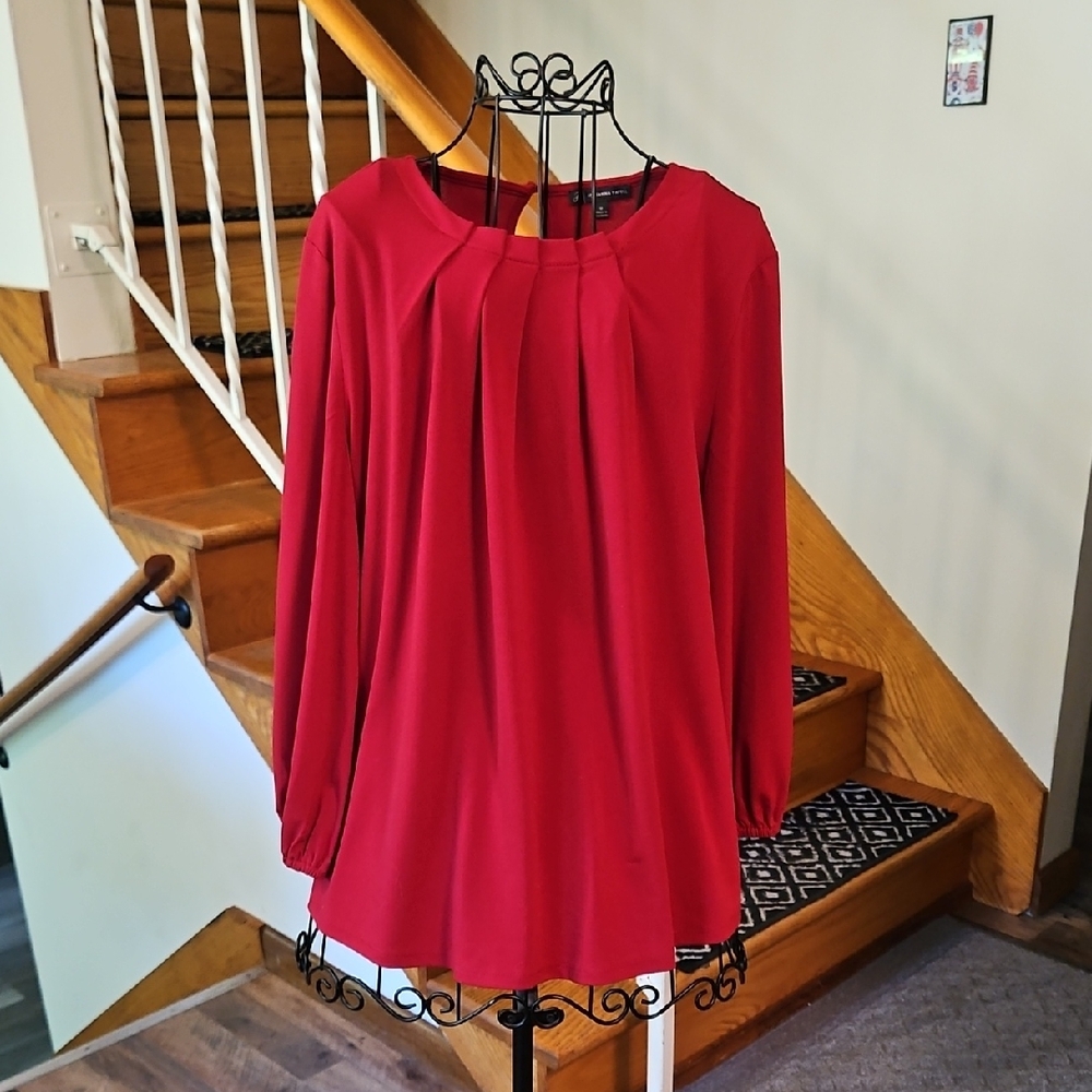 👚Adrianna Papell Red Pleated Long Sleeve Blouse